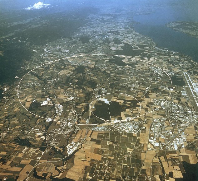 A full moon disrupts the circle: An aerial view of the Swiss-French border, indicating the route of the Large Hadron Collider