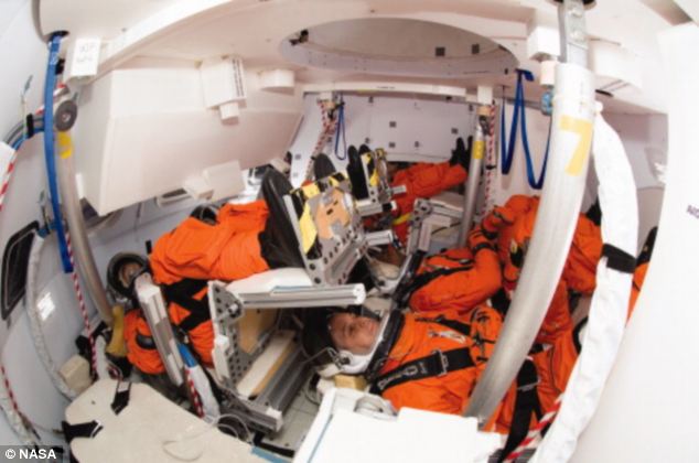 Close quarters: There's little room to move inside the capsule, seen here in a full-size mock-up, but they will be seen as the best seats in the universe for Nasa crew hoping to be the first to Mars