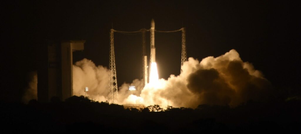 This picture taken with remote point 1 camera and provided by the European Space Agency, ESA, shows the liftoff of Vega VV06 rocket carrying LISA Pathfinder on Thursday Dec. 3, 2015 from Europe's Spaceport, Kourou French Guiana. The European Space Agency on Thursday launched a rocket carrying two cubes of gold and platinum almost a million miles from Earth so that scientists can see how they'll behave in free fall—at a cost of more than US $450 million.(Stephane Corvaja/ESA via AP)