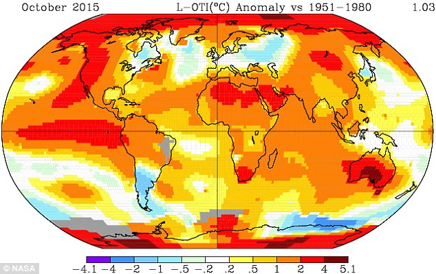 Global temperatures have already smashed records this year (pictured), and now meteorologists are warning 2016 will be even hotter. The annual global temperature forecast from the Met Office suggests 2016 will be between 0.72°C and 0.95°C above the long-term average of 14°C