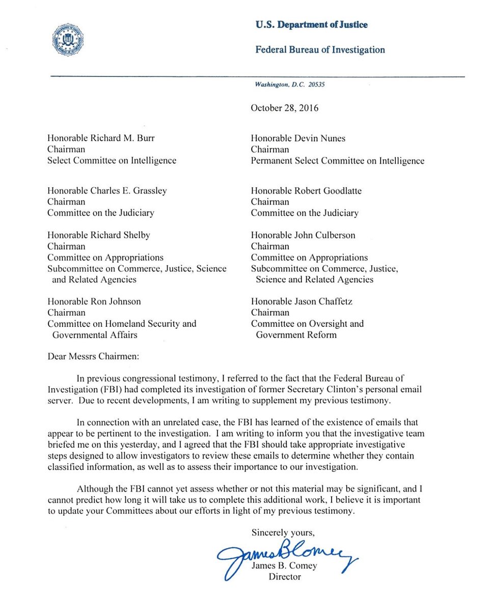 FBI Director James Comey letter to congressional leaders